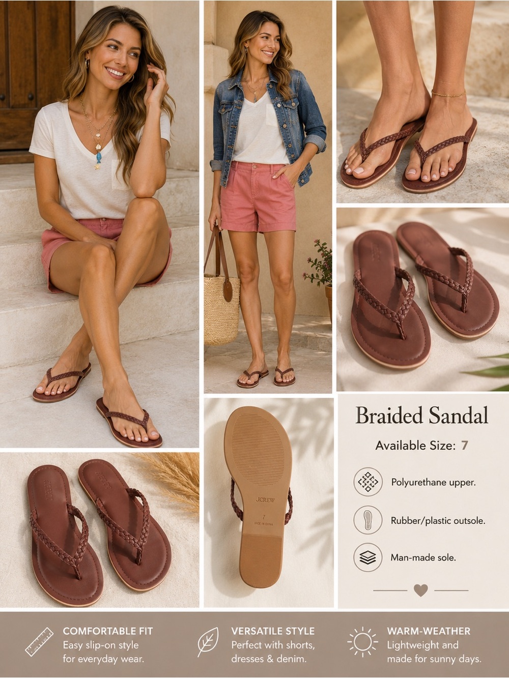 NWT J. Crew Braided Brown Leather-Look Flip Flops
